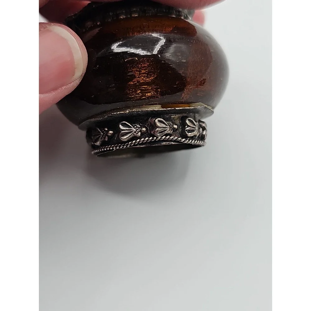 Vintage India Amber Glass Trinket Box Silver Tone Hinged Lid Footed Jewelry Box